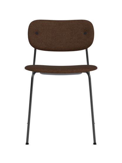 Fully upholstered Co Dining Chair in brown bouclé fabric with a slim black powder-coated steel frame.