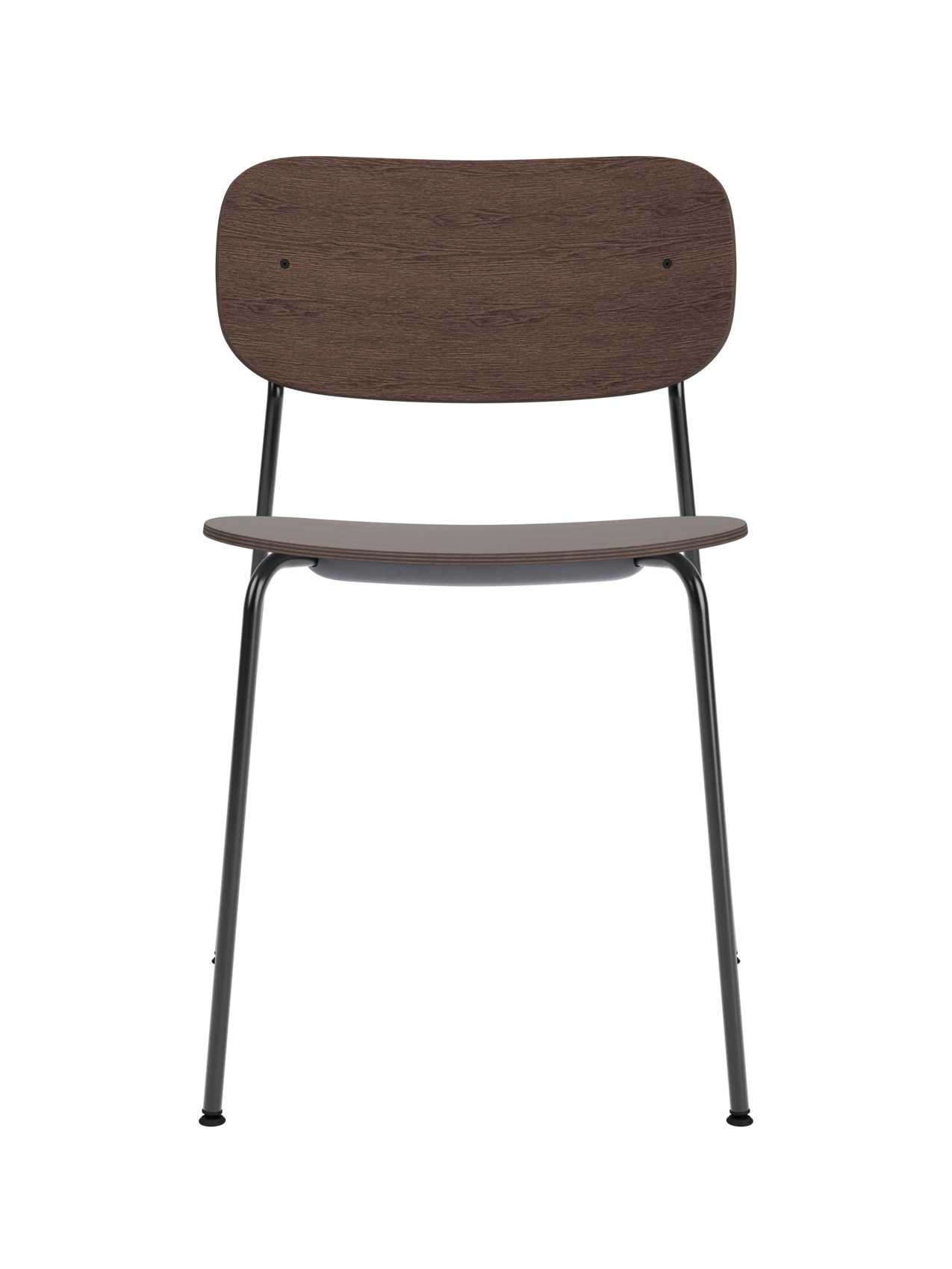 Co Dining Chair with black steel frame and dark stained oak veneer seat and backrest on a white background.