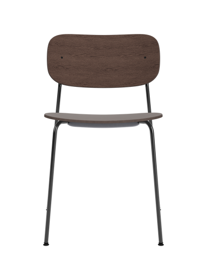 Co Dining Chair with black steel frame and dark stained oak veneer seat and backrest on a white background.