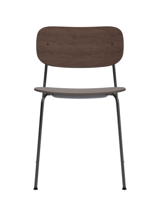 Co Dining Chair with black steel frame and dark stained oak veneer seat and backrest on a white background.