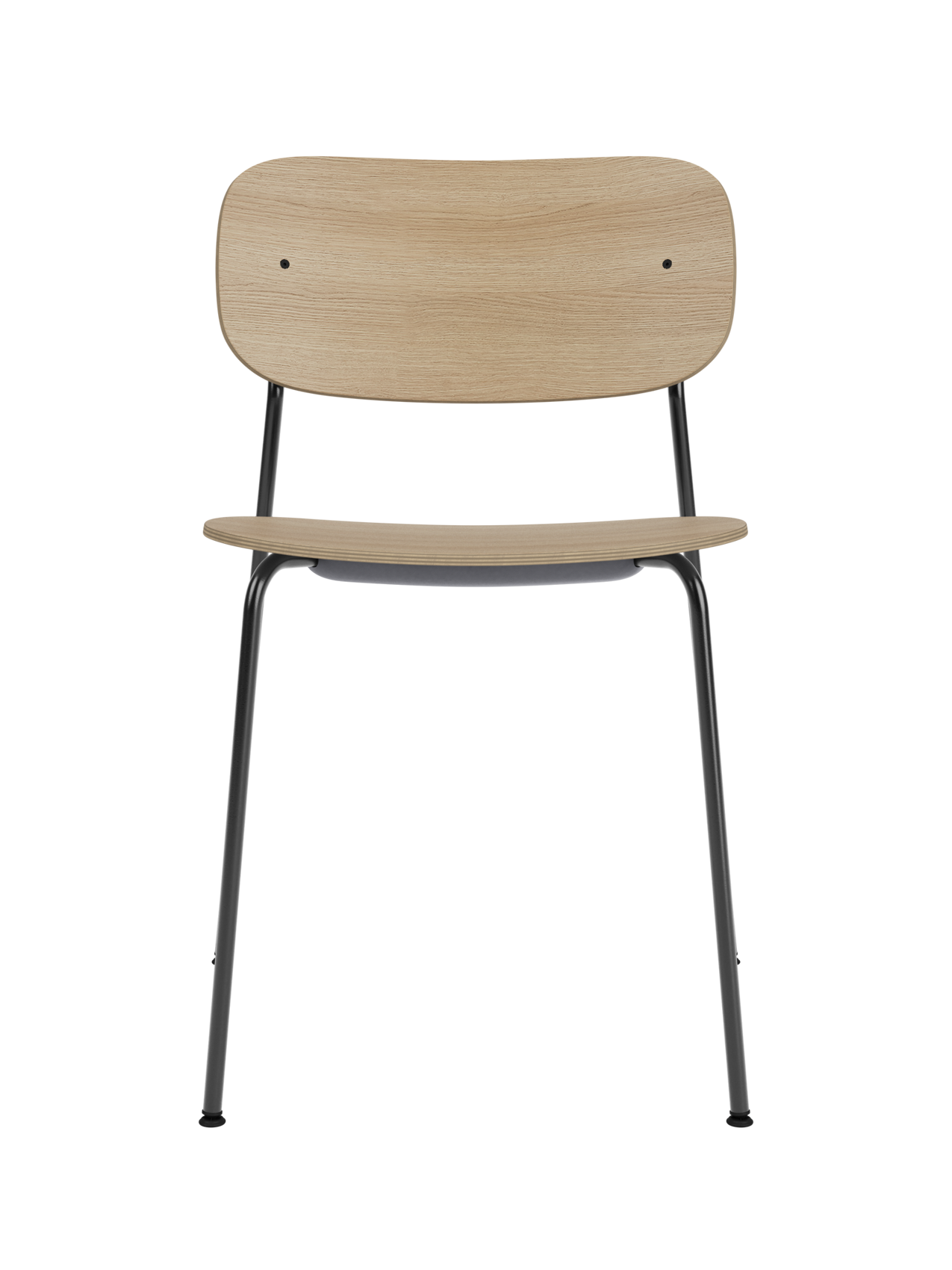 Co Dining Chair featuring a natural oak veneer seat and backrest on a slender black powder-coated steel frame.
