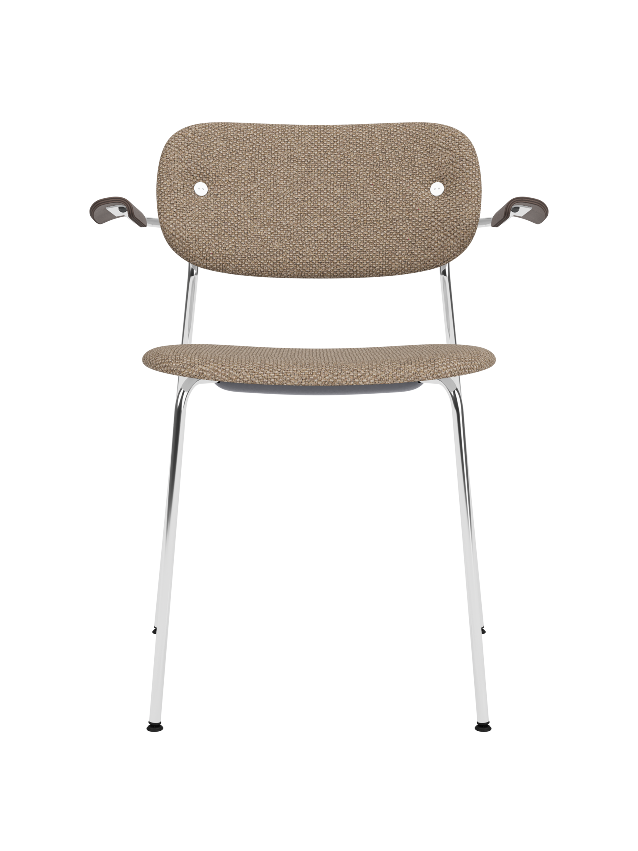 Fully upholstered Co Dining Chair with a chrome frame, dark stained oak armrests and textured Logan Flint fabric.