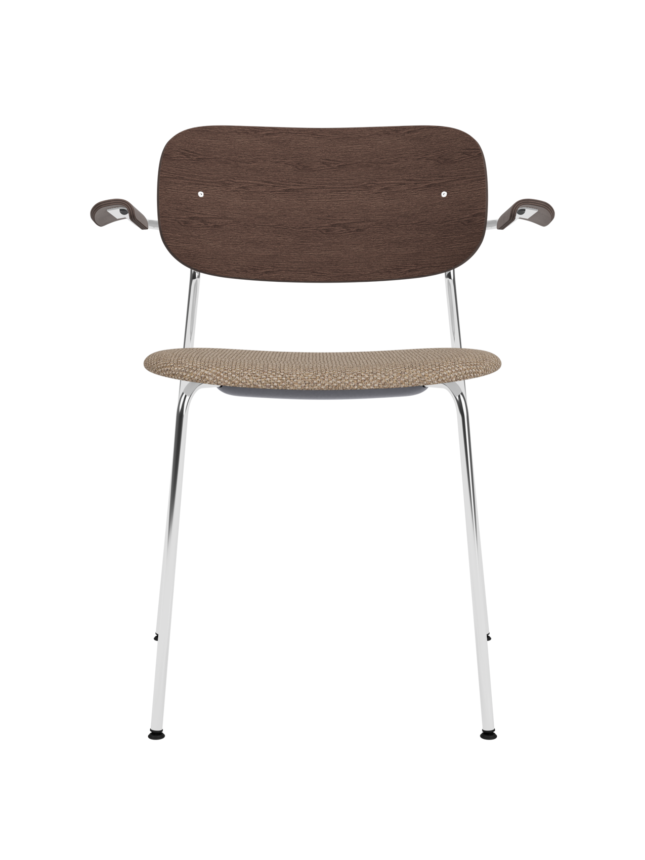 Co Dining Chair with chrome armrest frame, dark stained oak backrest, and beige Logan Flint upholstered seat.