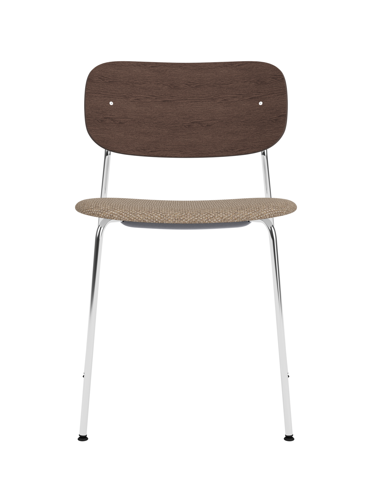 Co Dining Chair featuring a chrome frame, dark stained oak backrest and Logan Flint upholstered seat.