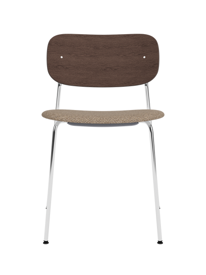 Co Dining Chair featuring a chrome frame, dark stained oak backrest and Logan Flint upholstered seat.