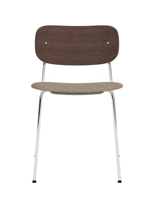 Co Dining Chair featuring a chrome frame, dark stained oak backrest and Logan Flint upholstered seat.