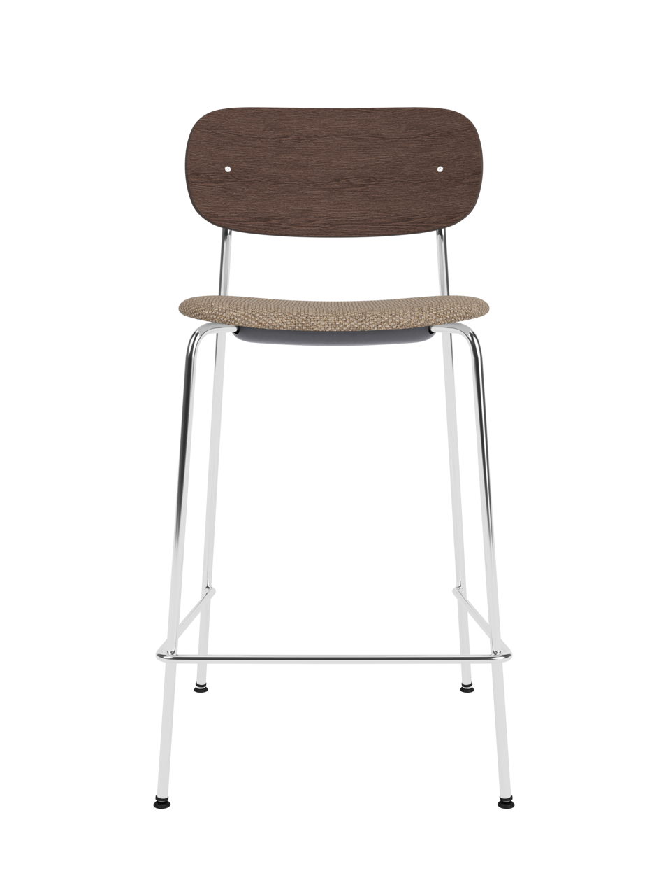 Co Counter Chair in dark stained oak and chrome with a Logan Flint upholstered seat shown against a black background.