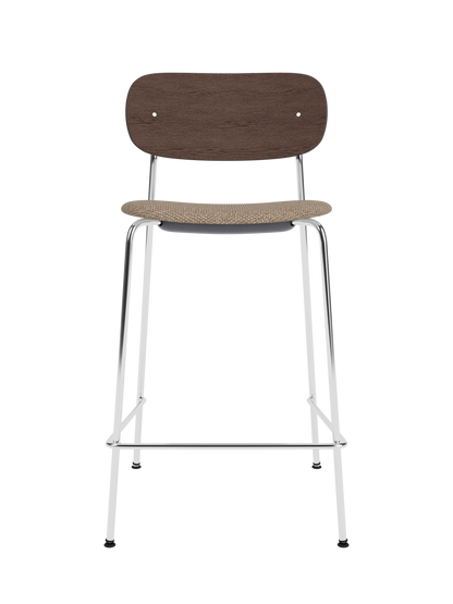 Co Counter Chair in dark stained oak and chrome with a Logan Flint upholstered seat shown against a black background.