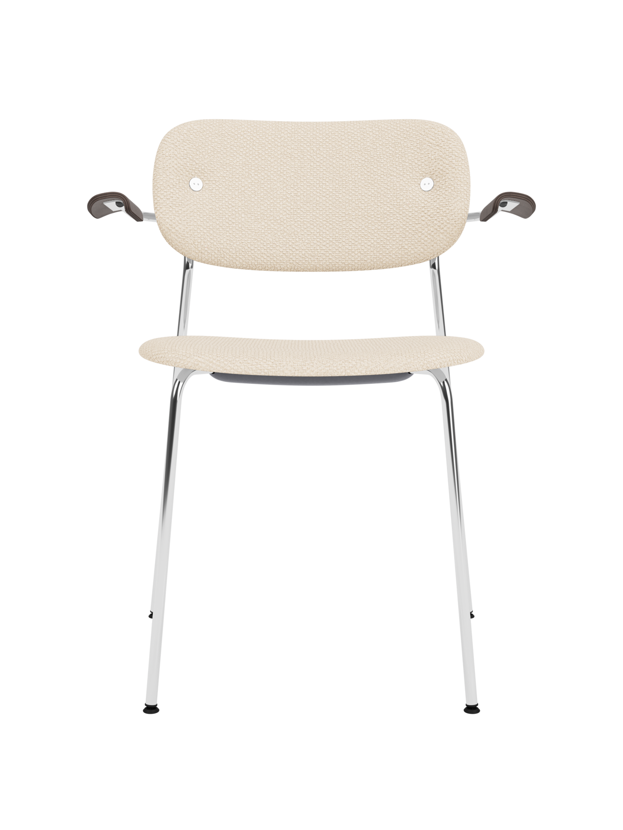 Co Dining Chair with armrests, featuring Logan Jasmine upholstery, dark stained oak armrests and a chrome frame.