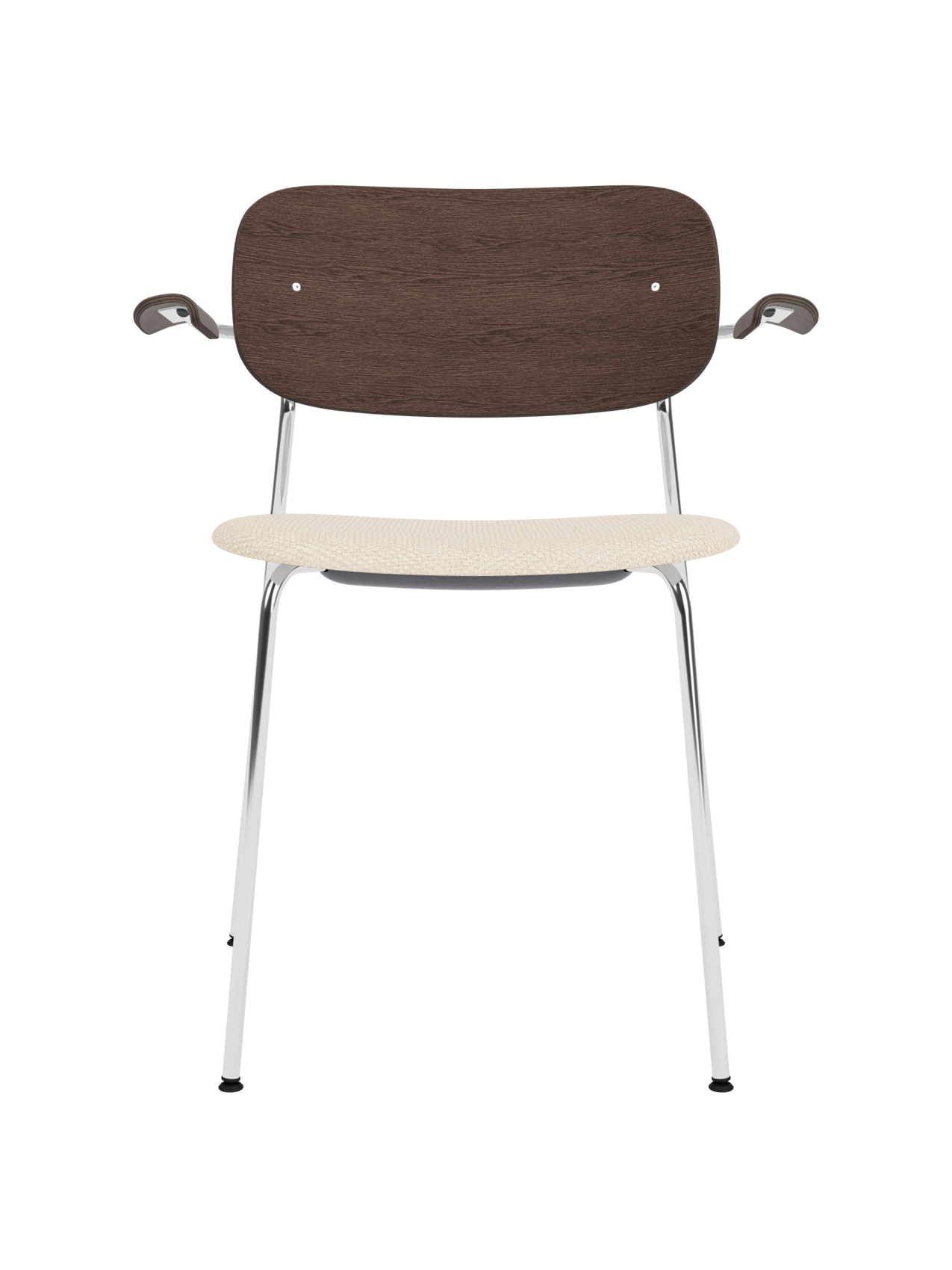Co Dining Chair with chrome frame, dark stained oak backrest and light Logan Jasmine upholstered seat.