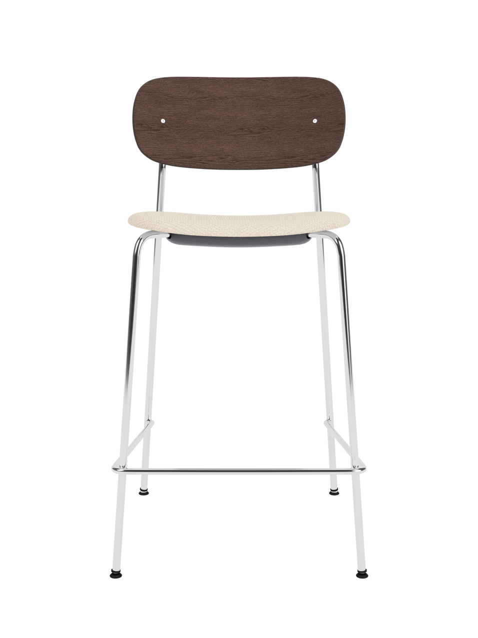 Co Counter Chair with a chrome steel frame, dark stained oak back and Logan Jasmine upholstered seat.