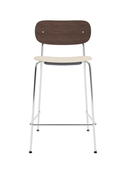 Co Counter Chair with a chrome steel frame, dark stained oak back and Logan Jasmine upholstered seat.