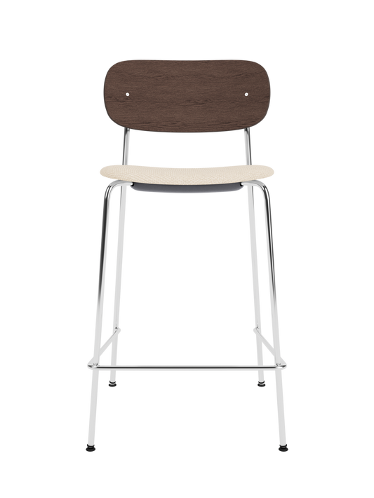 Co Counter Chair with a chrome steel frame, dark stained oak back and Logan Jasmine upholstered seat.