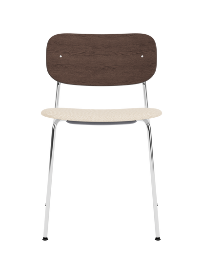 Co Dining Chair with a chrome frame, dark stained oak veneer backrest and Logan Jasmine upholstered seat.
