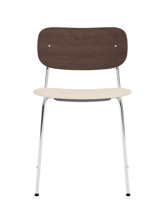 Co Dining Chair with a chrome frame, dark stained oak veneer backrest and Logan Jasmine upholstered seat.