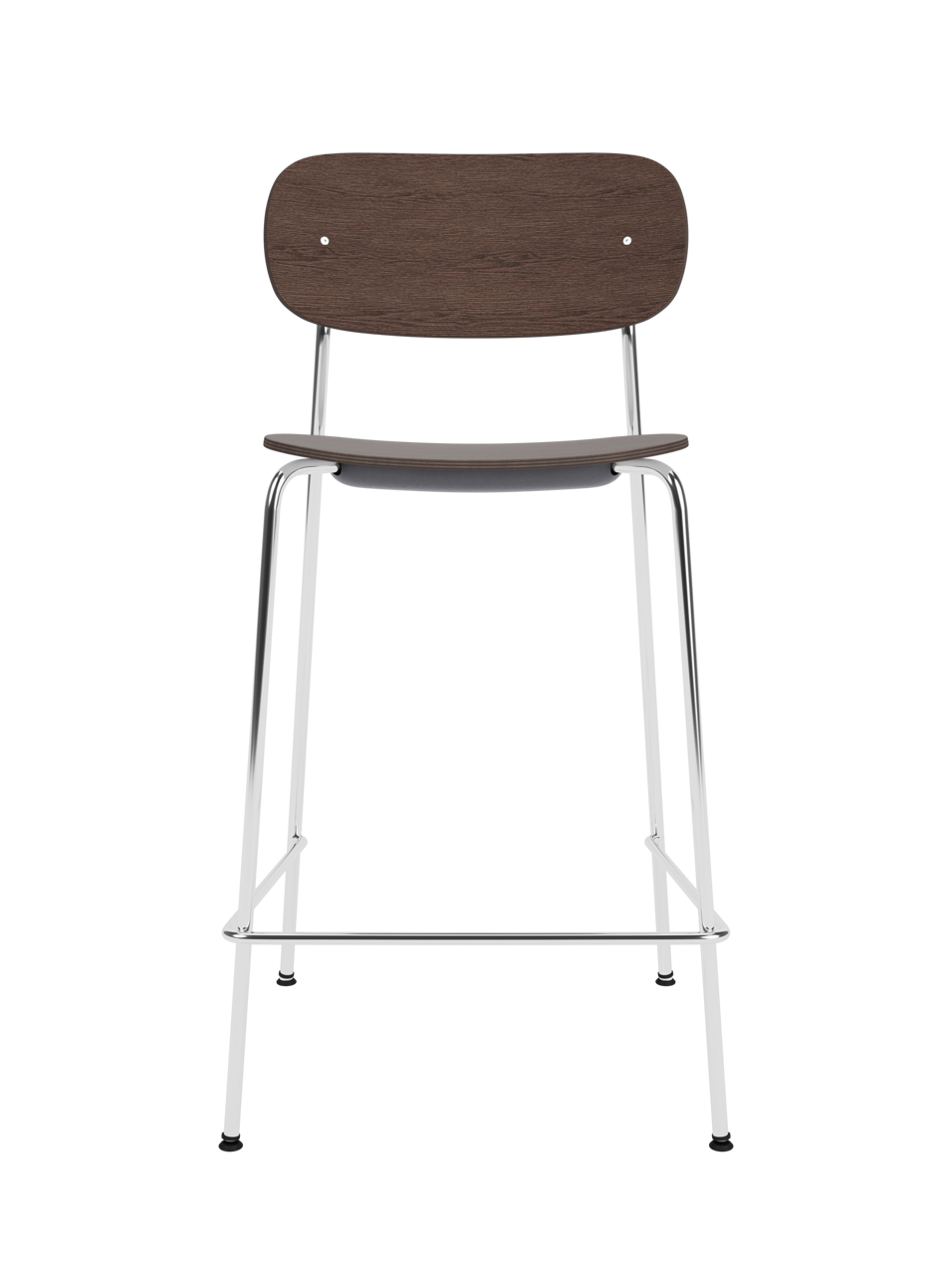 Dark stained oak Co Counter Chair with a chrome steel frame shown against a plain black background.