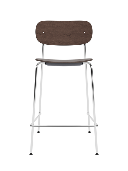 Dark stained oak Co Counter Chair with a chrome steel frame shown against a plain black background.