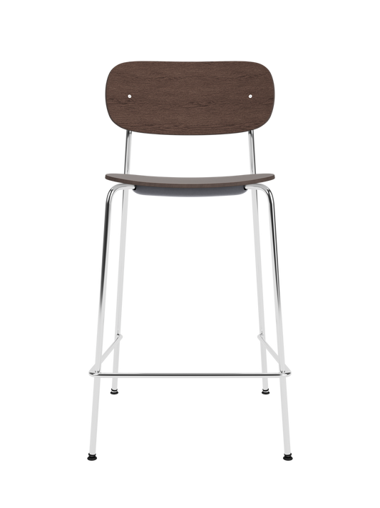 Dark stained oak Co Counter Chair with a chrome steel frame shown against a plain black background.