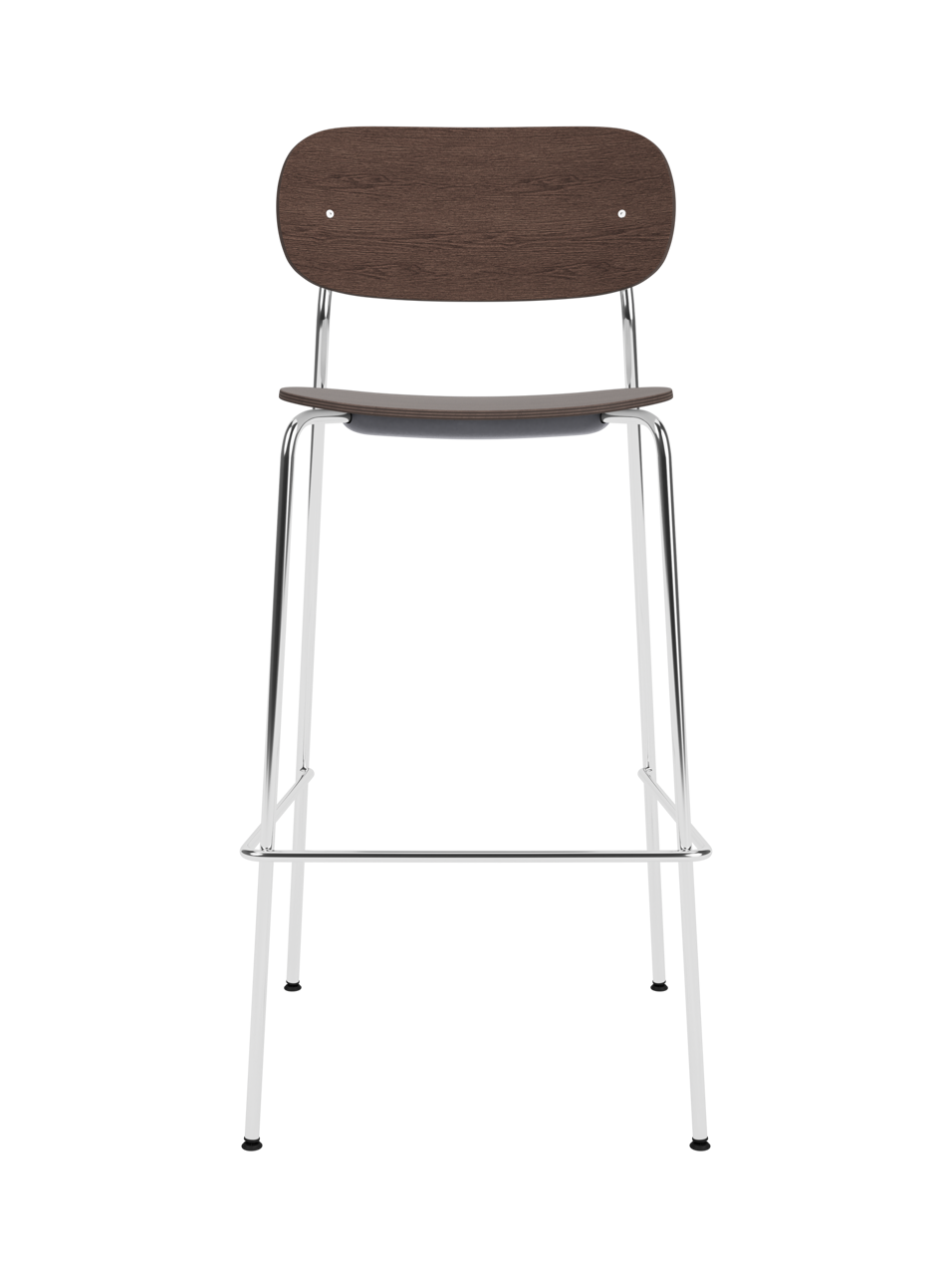 Co Bar Chair in dark stained oak veneer with a chrome frame, viewed from the front against a black background.