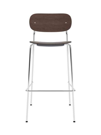 Co Bar Chair in dark stained oak veneer with a chrome frame, viewed from the front against a black background.
