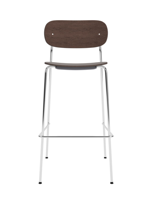 Co Bar Chair in dark stained oak veneer with a chrome frame, viewed from the front against a black background.