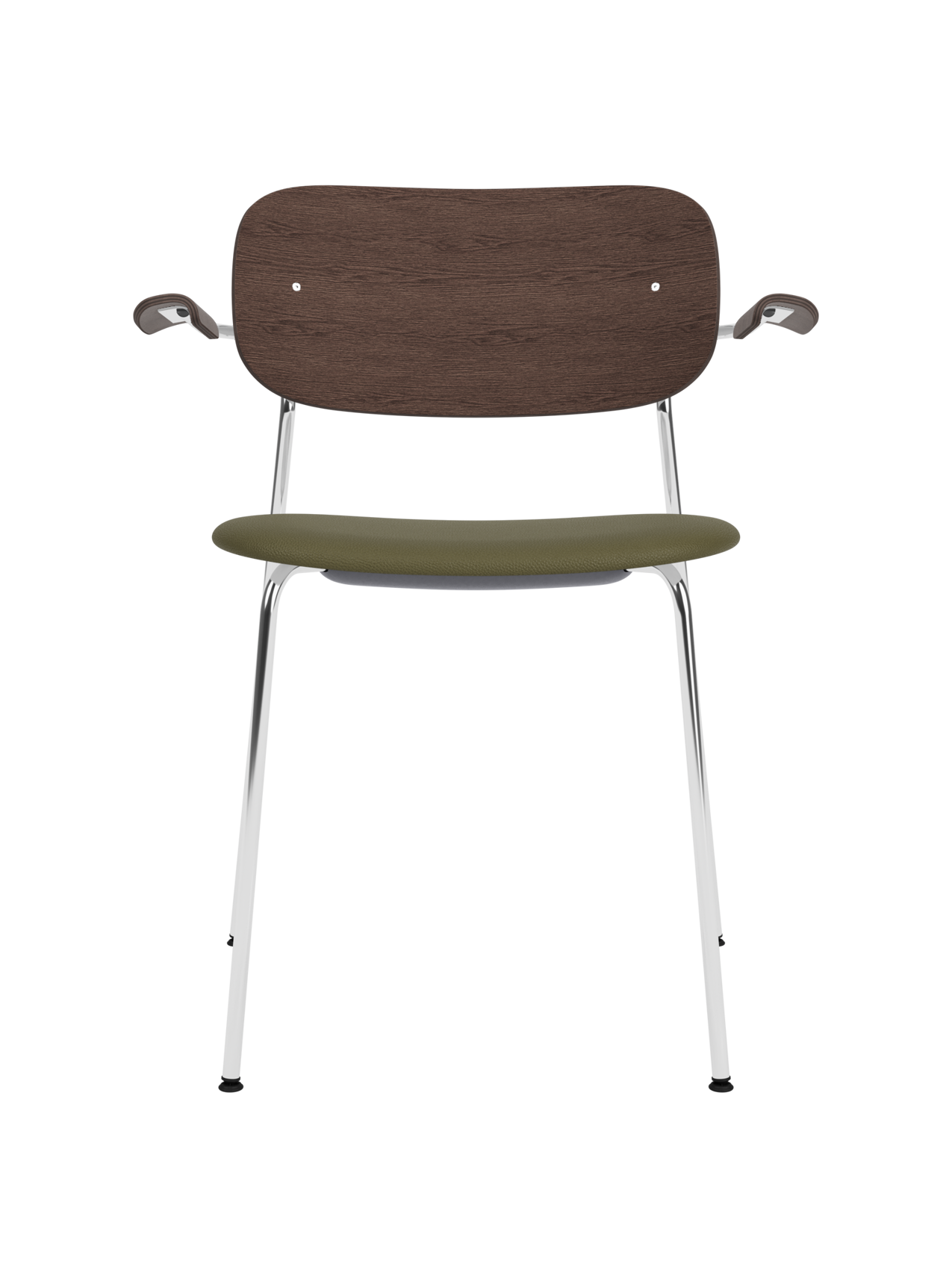 Co Dining Chair with armrests, featuring a chrome frame, dark-stained oak back and olive Sierra leather seat.
