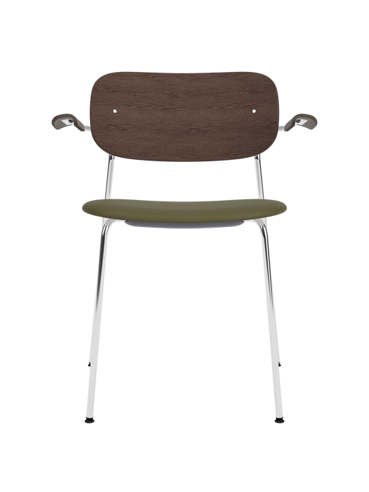Co Dining Chair with armrests, featuring a chrome frame, dark-stained oak back and olive Sierra leather seat.