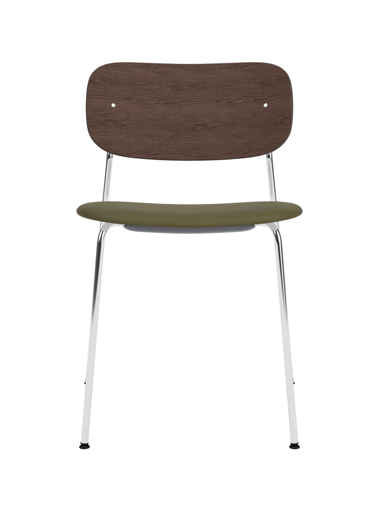 Co Dining Chair with a chrome frame, dark stained oak back and olive green Sierra leather upholstered seat.