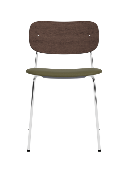 Co Dining Chair with a chrome frame, dark stained oak back and olive green Sierra leather upholstered seat.