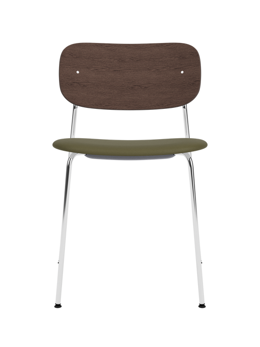 Co Dining Chair with a chrome frame, dark stained oak back and olive green Sierra leather upholstered seat.