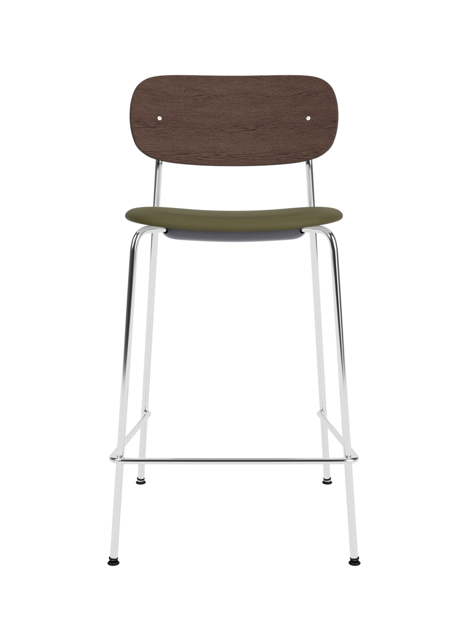 Co Counter Chair in dark stained oak and chrome with a Sierra 0441 upholstered seat shown against a black background.
