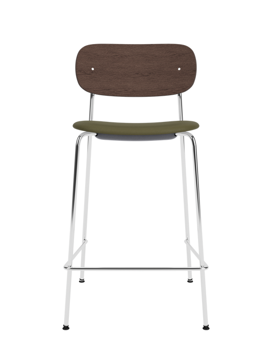 Co Counter Chair in dark stained oak and chrome with a Sierra 0441 upholstered seat shown against a black background.