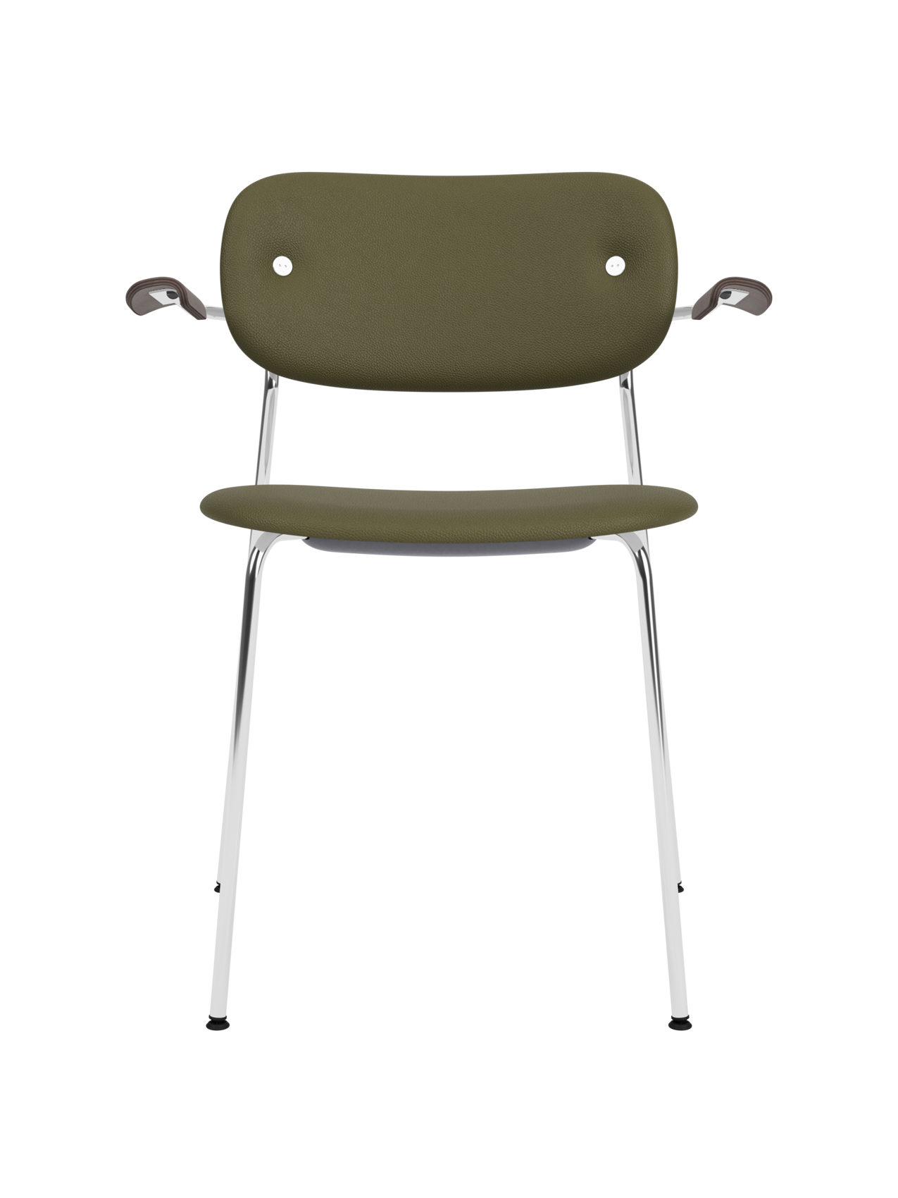 Co Dining Chair with armrests, olive green leather upholstery and dark stained oak arms on a chrome frame.