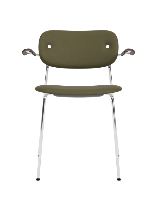Co Dining Chair with armrests, olive green leather upholstery and dark stained oak arms on a chrome frame.