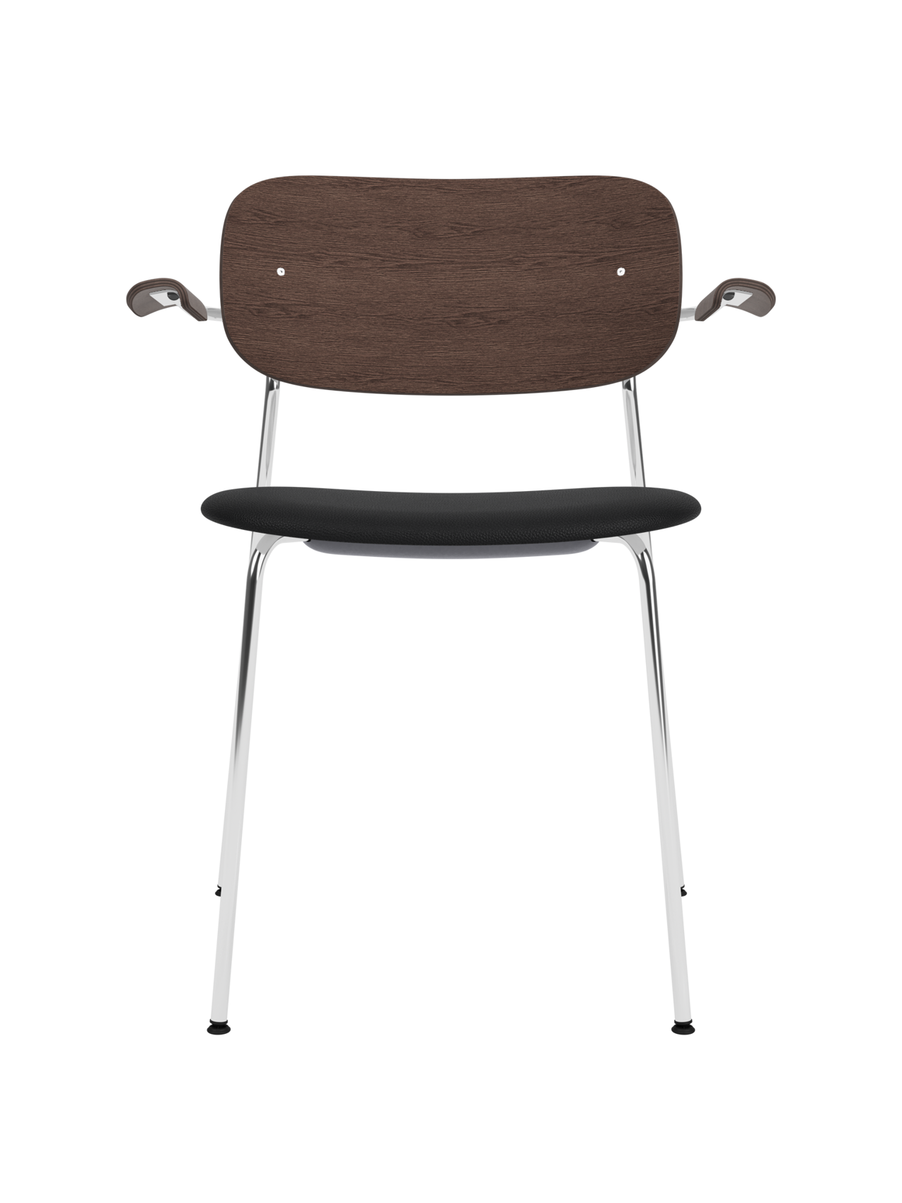 Co Dining Chair with armrests, featuring a chrome frame, dark stained oak back and black leather upholstered seat.