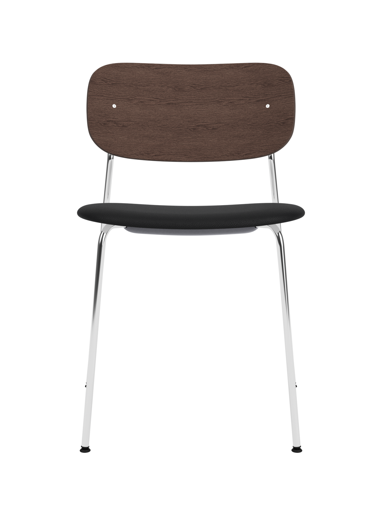 Co Dining Chair featuring a dark-stained oak backrest, black upholstered seat and a slim chrome frame.