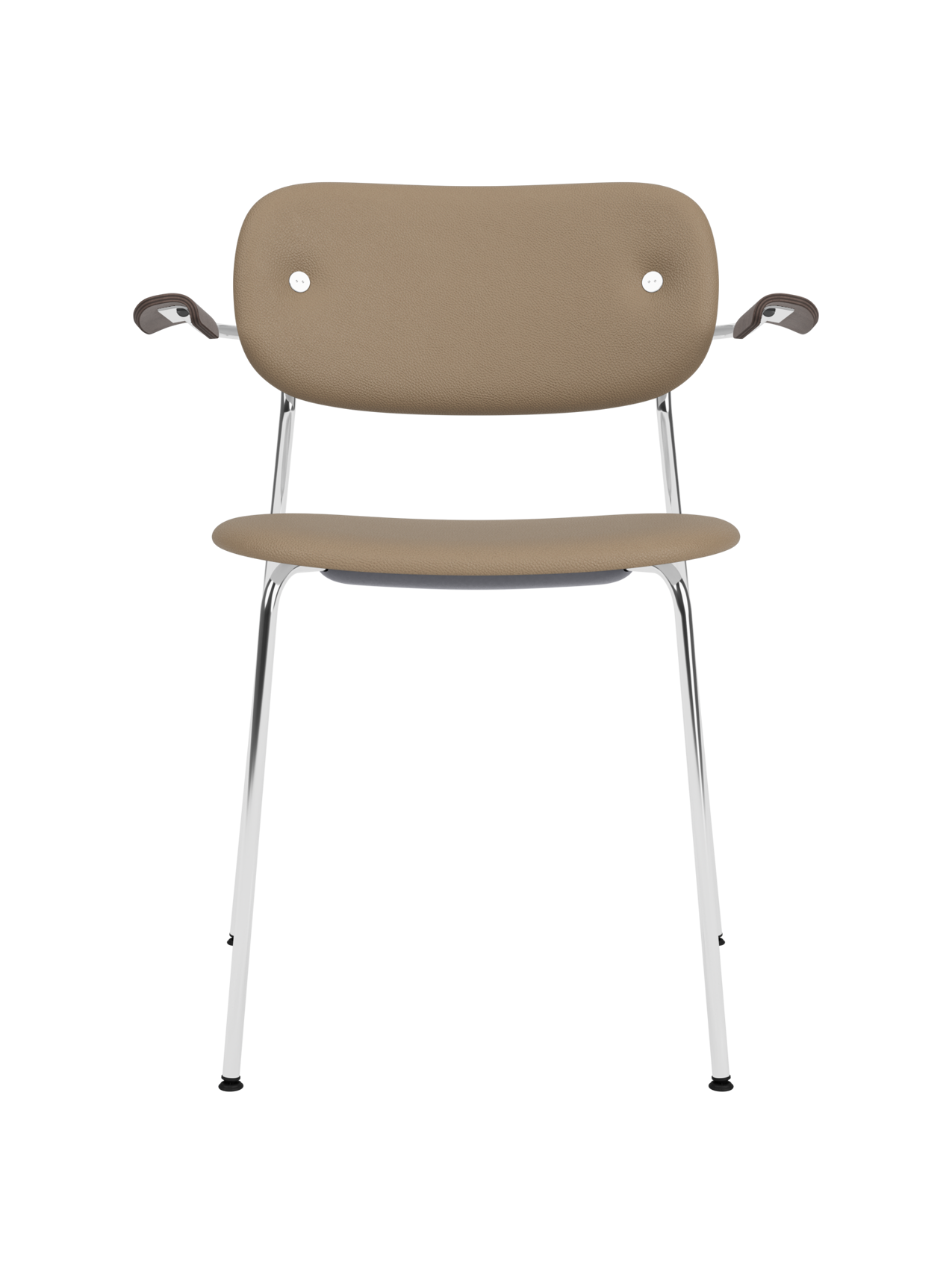 Fully upholstered Co Dining Chair with chrome frame, dark stained oak armrests and tan Sierra 1611 leather.