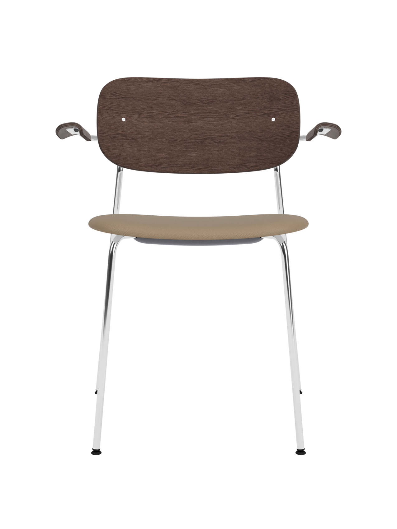 Co Dining Chair with chrome frame, dark stained oak back and tan Sierra leather upholstered seat with armrests.