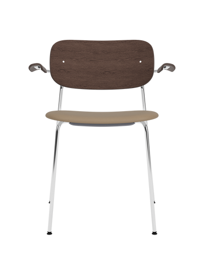 Co Dining Chair with chrome frame, dark stained oak back and tan Sierra leather upholstered seat with armrests.