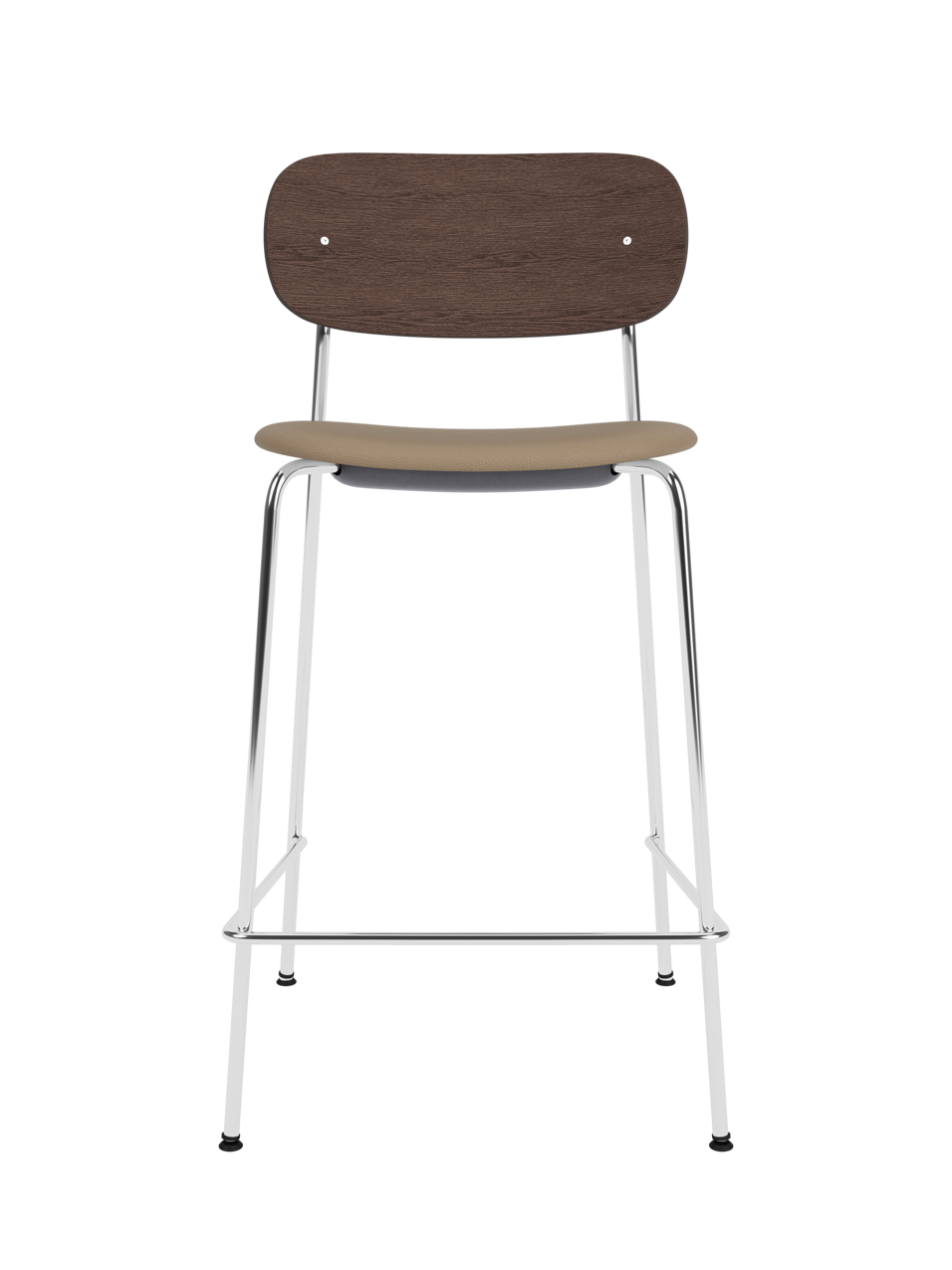 Co Counter Chair in dark stained oak and chrome with an upholstered seat, shown against a black background.