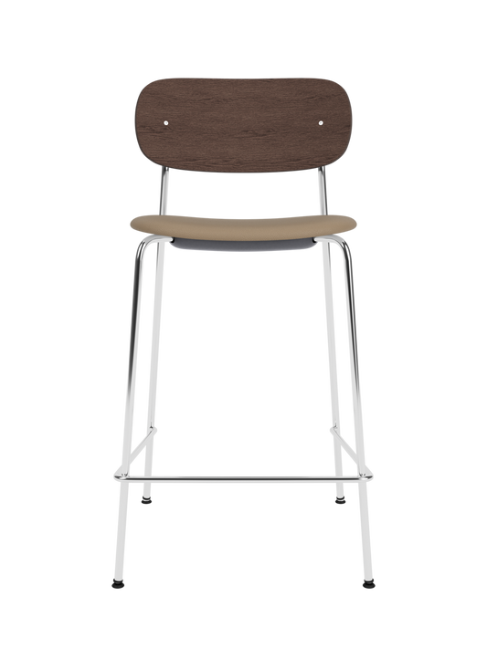 Co Counter Chair in dark stained oak and chrome with an upholstered seat, shown against a black background.