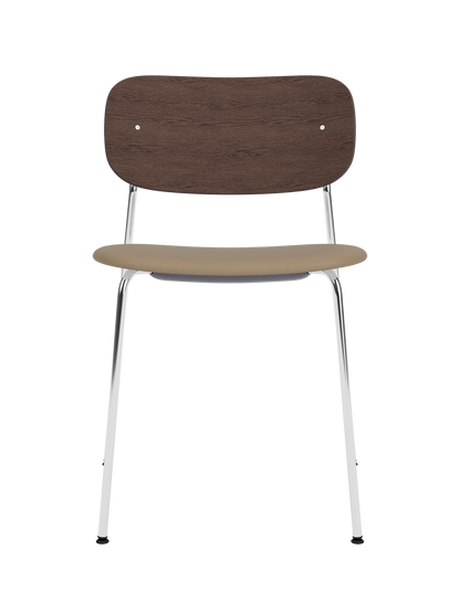 Co Dining Chair with a dark-stained oak backrest, tan Sierra leather upholstered seat and polished chrome frame.