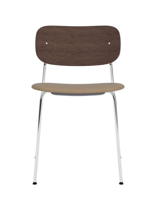 Co Dining Chair with a dark-stained oak backrest, tan Sierra leather upholstered seat and polished chrome frame.