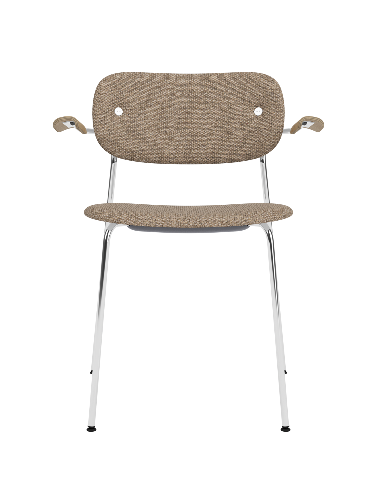 Co Dining Chair with chrome frame, Logan Flint fabric upholstery and natural oak armrests on a plain background.