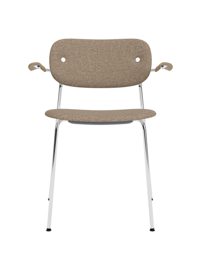 Co Dining Chair with chrome frame, Logan Flint fabric upholstery and natural oak armrests on a plain background.