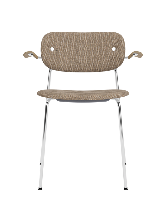 Co Dining Chair with chrome frame, Logan Flint fabric upholstery and natural oak armrests on a plain background.