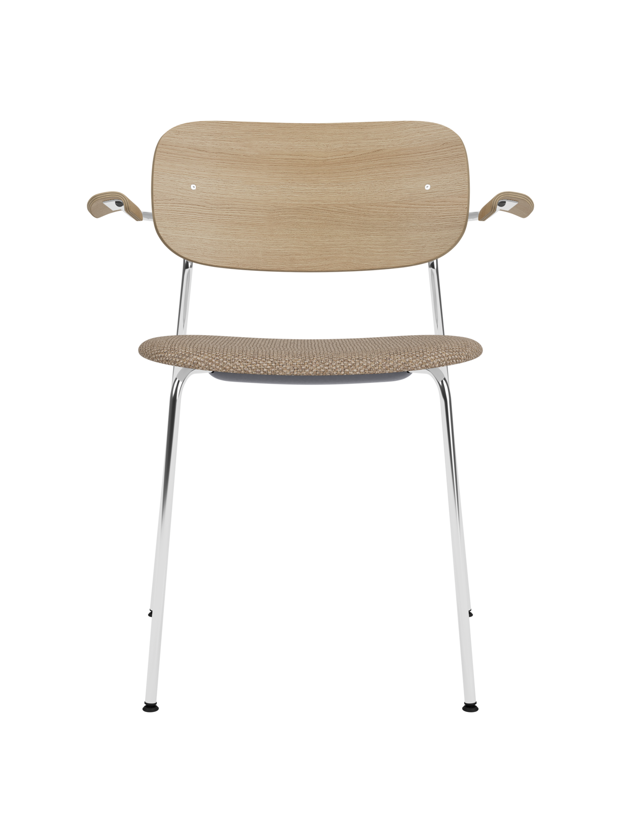 Co Dining Chair with armrests, featuring a chrome frame, natural oak back and Logan Flint upholstered seat.