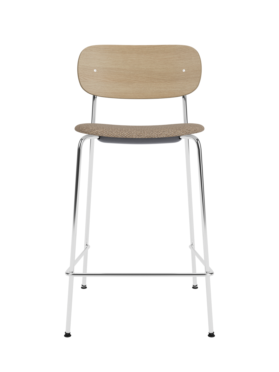 Co Counter Chair in natural oak and Logan Flint upholstery with a chrome frame.
