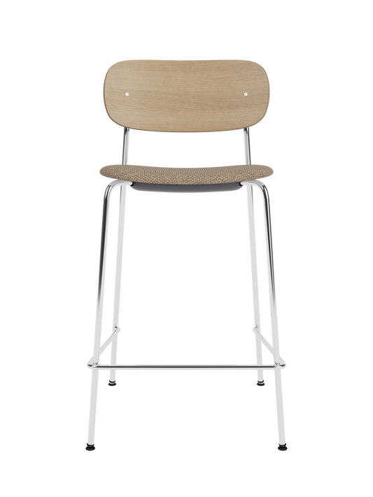 Co Counter Chair in natural oak and Logan Flint upholstery with a chrome frame.