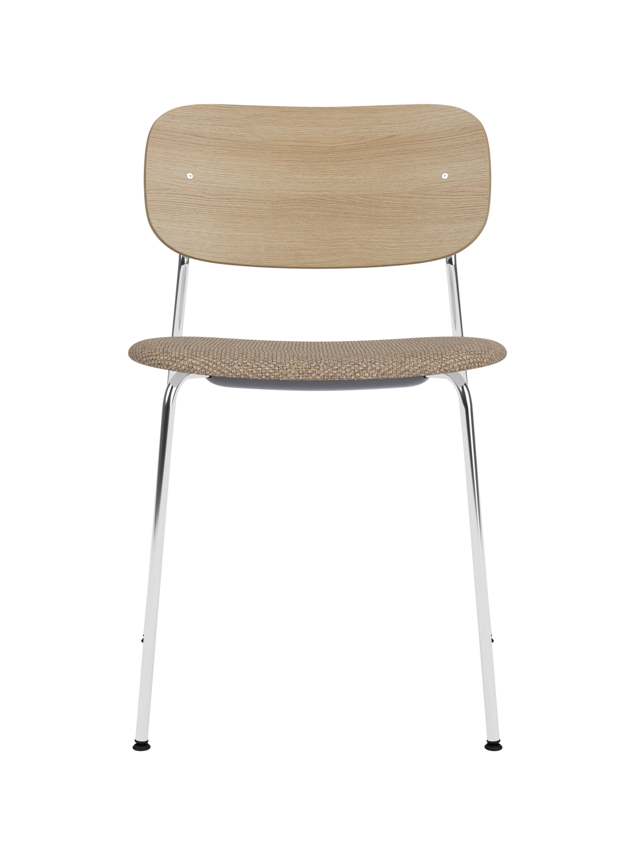 Co Dining Chair with a sleek chrome frame, natural oak veneer back and a textured Logan Flint upholstered seat.